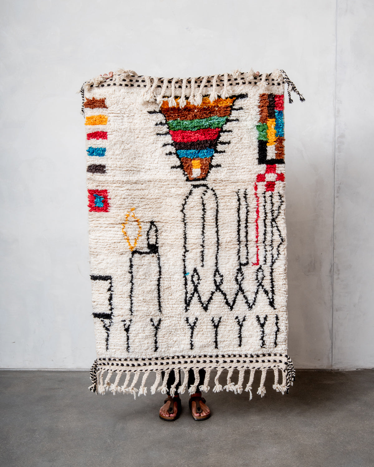 Modern, designer, handcrafted Berber rug from Morocco. Beniourain carpet with beautiful colours and patterns and fluffy wool texture.